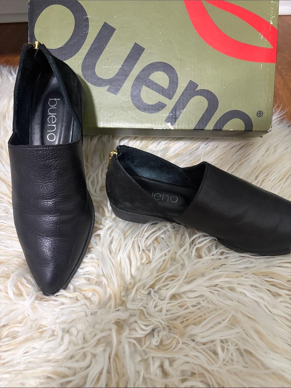 Bueno Black Leather Pointed Slip-On Loafers with Gold Zip Accent